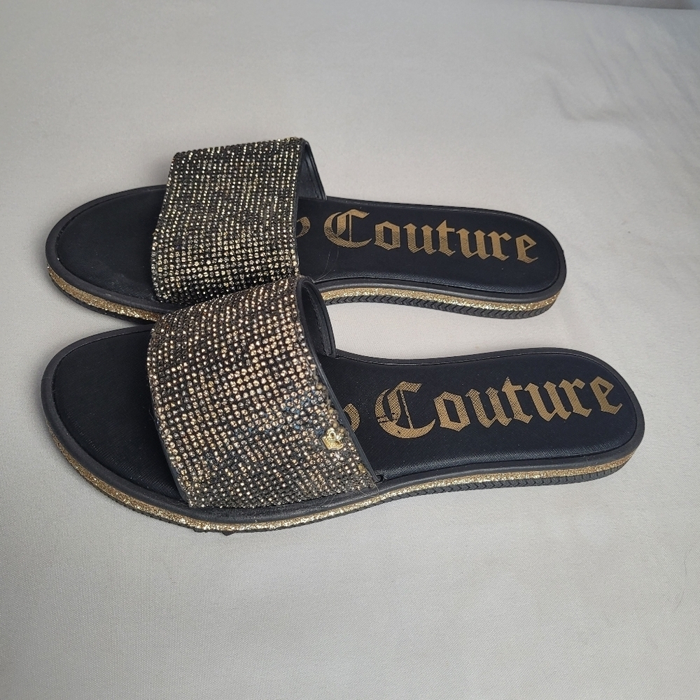 Juicy Couture Yummy Rhinestone Slide Sandals Black/Gold Size 10